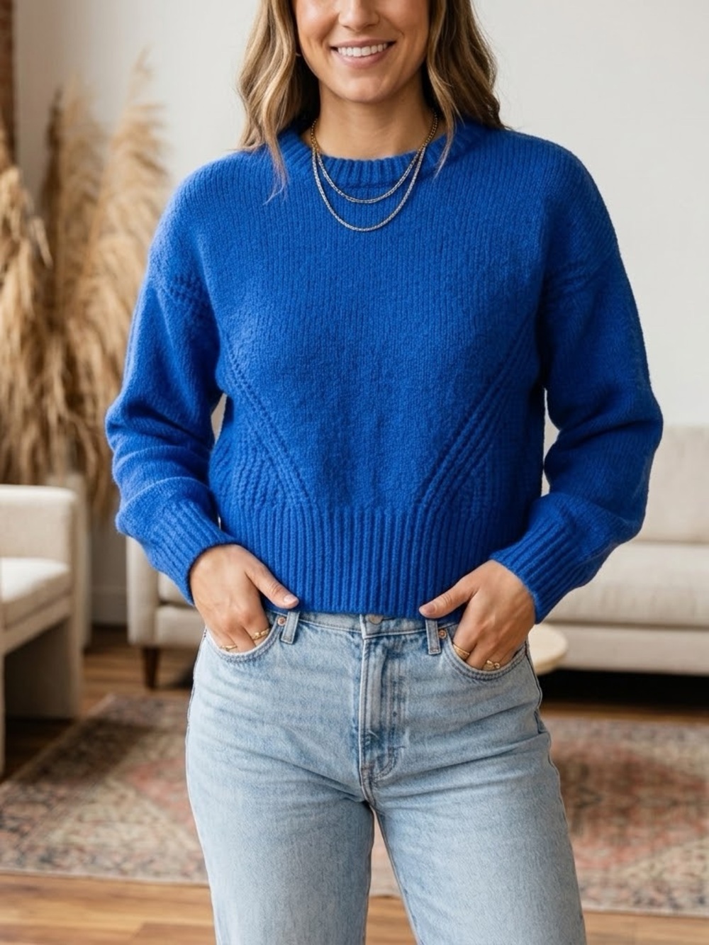 Madewell Simone Balloon Sleeve Blue Crewneck Sweater